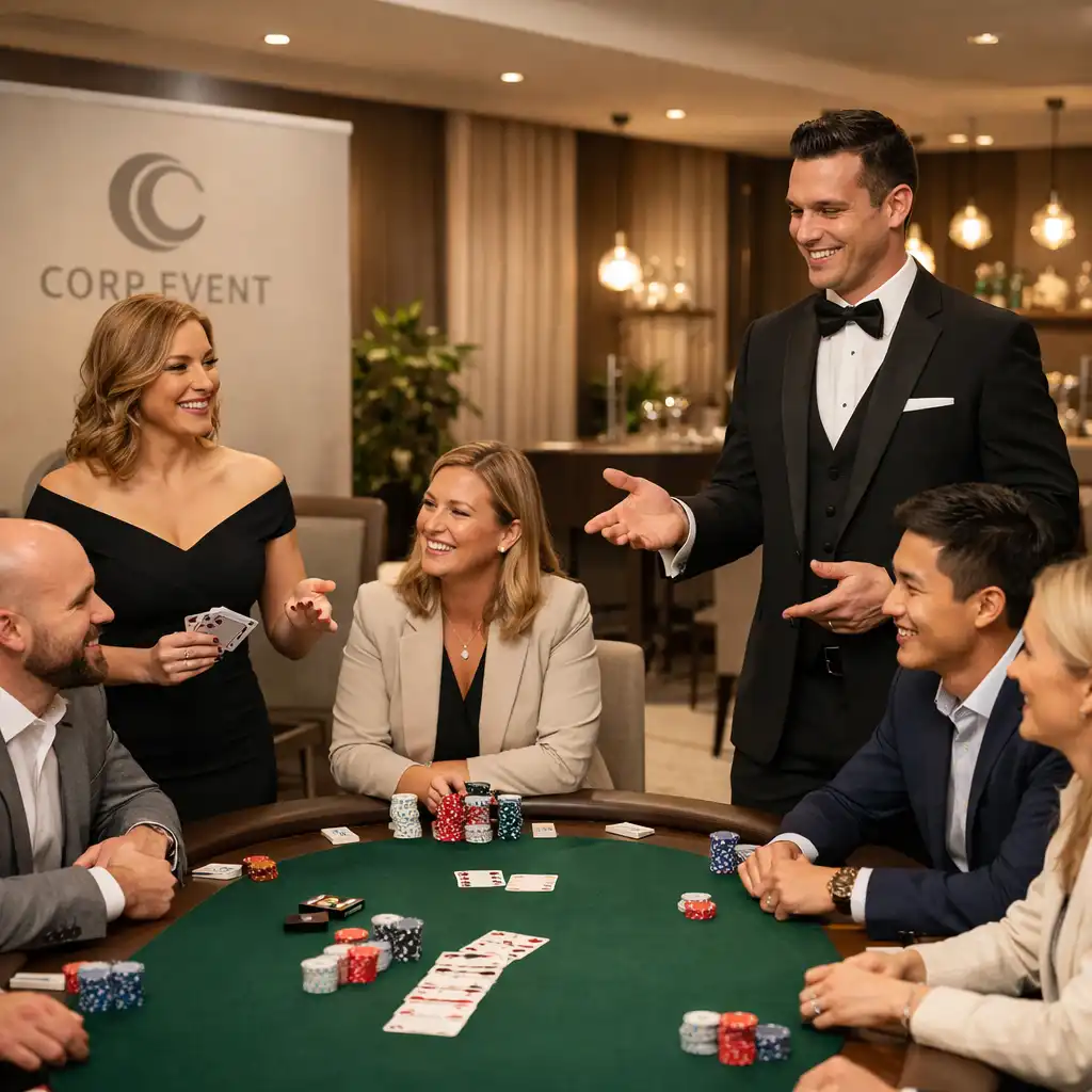 Animatorzy prowadzący rozrywkową rozgrywkę pokerową podczas imprezy firmowej