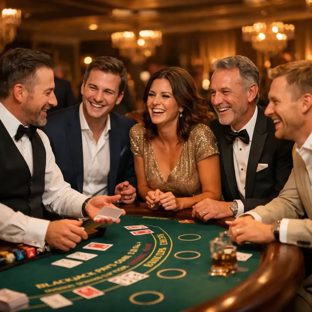 Uśmiechnięci goście przy stole blackjackowym podczas eleganckiego eventu