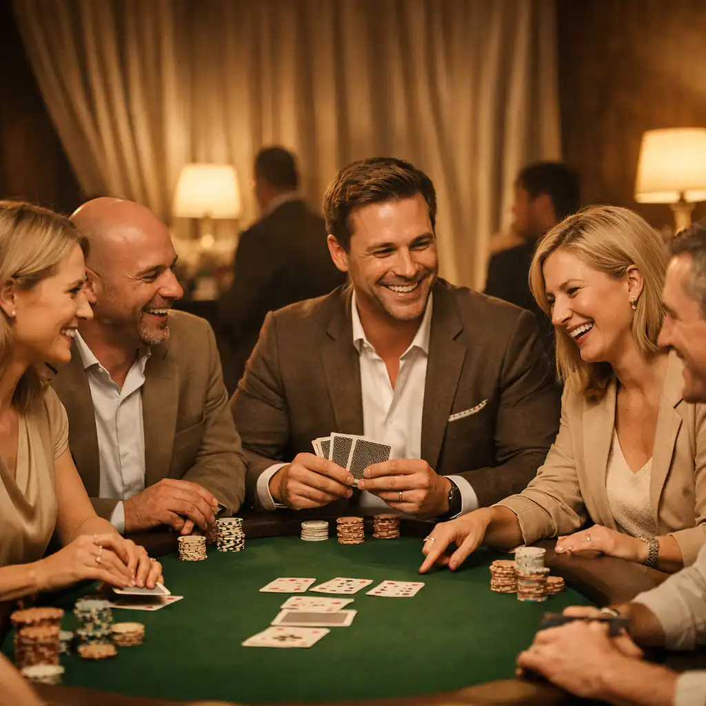Goście podczas integracyjnego eventu pokerowego prowadzonego przez moderatora