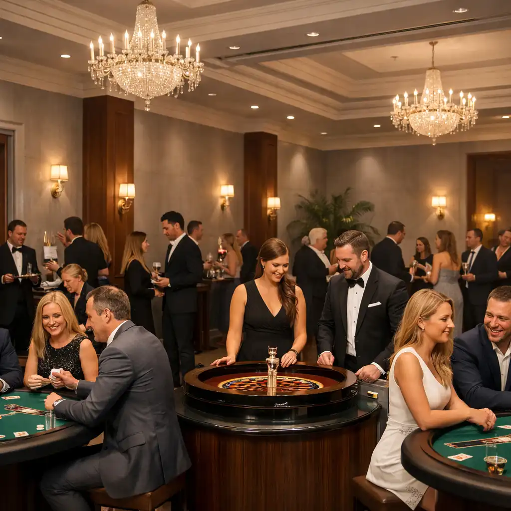 Elegancka sala przygotowana na wieczorną imprezę firmową z tematem kasynowym