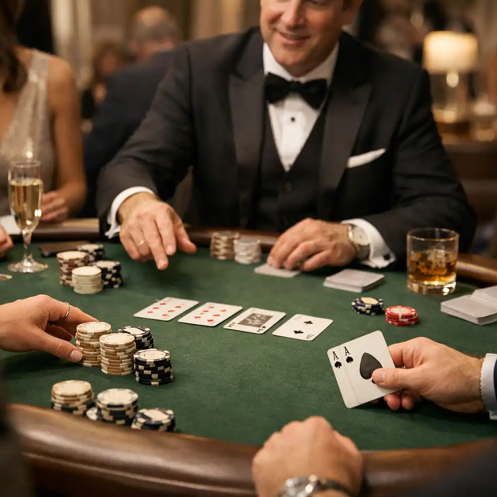 Goście zgromadzeni przy profesjonalnym stole pokerowym podczas eventu